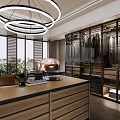Luxury Modern Walk-in Closet Interior With Glass Door Cabinets Central Wooden Island And Chandelier