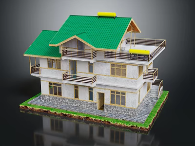 Cartoon Style House Scene With Green Roof Balconies Yellow Elements And White Walls 3d model