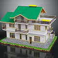 Cartoon Style House Scene With Green Roof Balconies Yellow Elements And White Walls