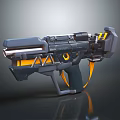 Futuristic Sci Fi Weapon With Black Yellow Color Scheme Glowing Barrel And Geometric Accents