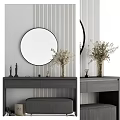 Modern Dressing Table Interior Design With Round Mirror Decorative Dried Plants And Striped Wall 3d model
