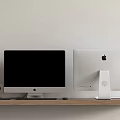 Two Computer Monitors Including Apple Silver Display On Wooden Shelf With White Wall 3d model