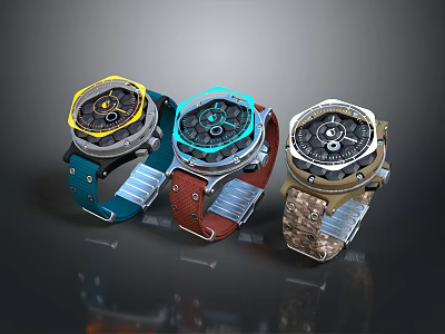 Tactical Outdoor Watches Featuring Blue Red And Camouflage Straps With Multifunctional Dials 3d model