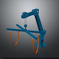 Blue Industrial Robotic Arm Equipment With Hanging Orange Hoses And Sturdy Base