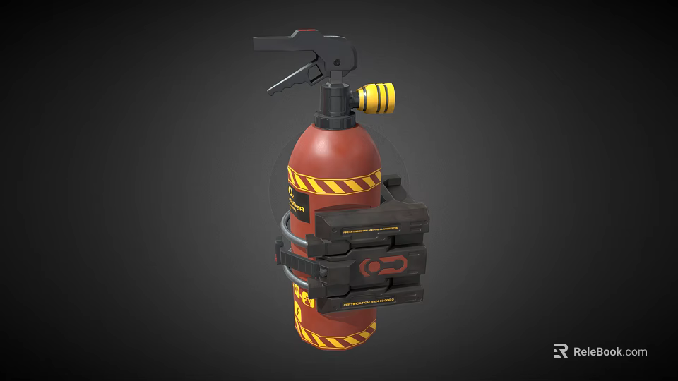 Red Fire Extinguisher with Yellow Stripes Black Nozzle Handle and Mounted Bracket 3d model 