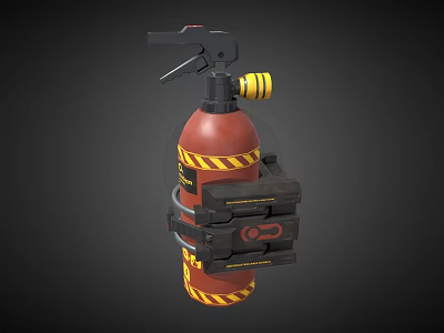 Red Fire Extinguisher with Yellow Stripes Black Nozzle Handle and Mounted Bracket 3d model