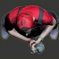 Man in Red Cap and Overalls Holding Power Tool Standing Against Gray Background