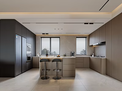 Contemporary Kitchen Interior Featuring Island Counter With Bar Stools And Cabinets 3d model