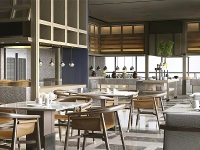 Modern Restaurant Interior With Stylish Tables Comfortable Chairs And Pendant Lighting Fixtures 3d model