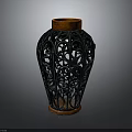 Traditional Furniture Decorative Vase with Black Openwork Design and Red Wooden Accents