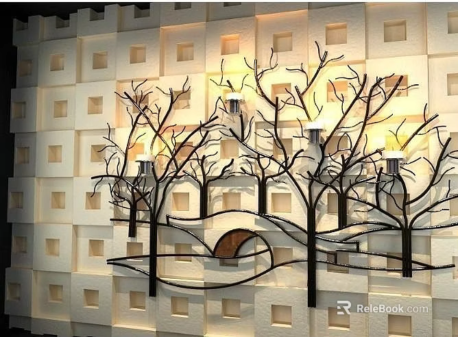 Creative Tree Branch Wall Decor with Square Pattern Background and Soft Lighting 3d model 
