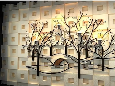 Creative Tree Branch Wall Decor with Square Pattern Background and Soft Lighting 3d model