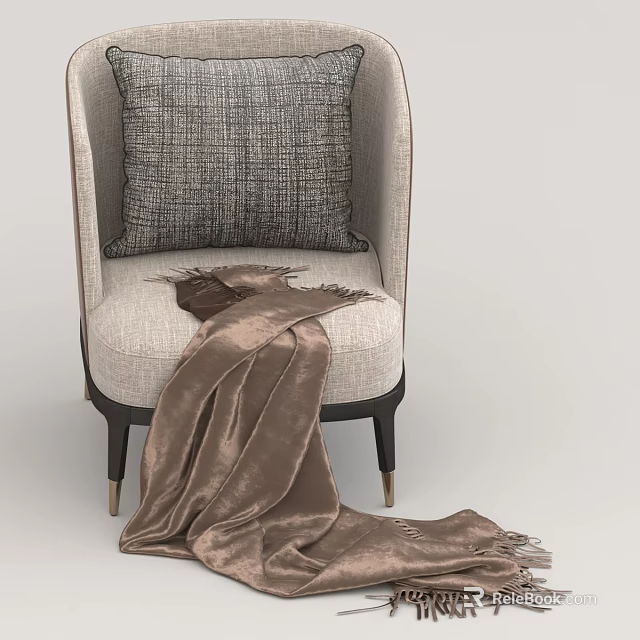 Elegant Cozy Fabric Chair With Gray Textured Cushion And Brown Blanket 3d model 