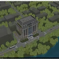 Modern School Building Surrounded by Green Trees Near Waterfront and Road
