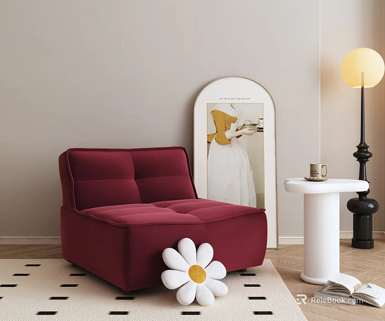 Maroon Single Sofa Interior With White Table Floor Lamp Round Mirror And Checkered Rug 3d model