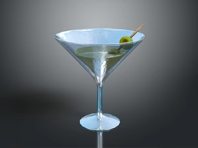 Elegant Martini Glassware With Frosted Rim And Green Olive Garnish On Dark Background 3d model