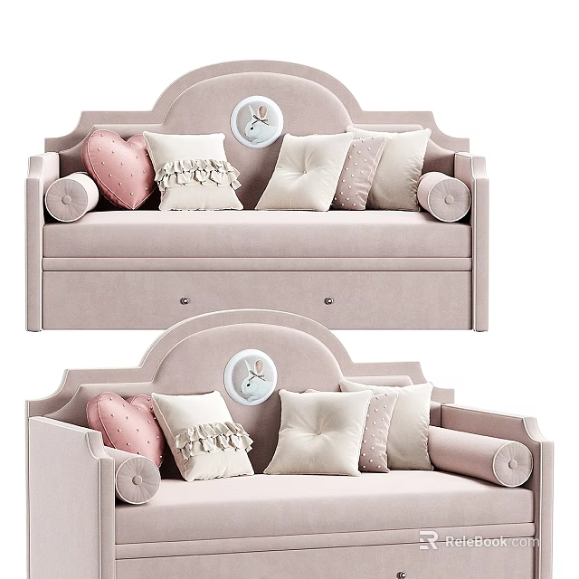 Light Pink Kids Bed with Curved Headboard Round Rabbit Decoration Storage Drawers and Heart Pillows 3d model 