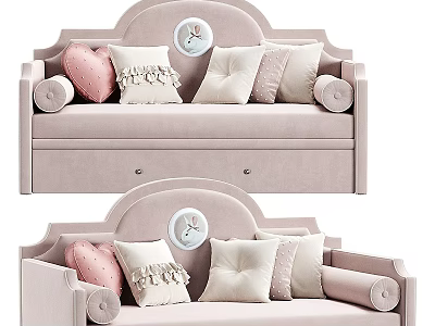 Light Pink Kids Bed with Curved Headboard Round Rabbit Decoration Storage Drawers and Heart Pillows 3d model