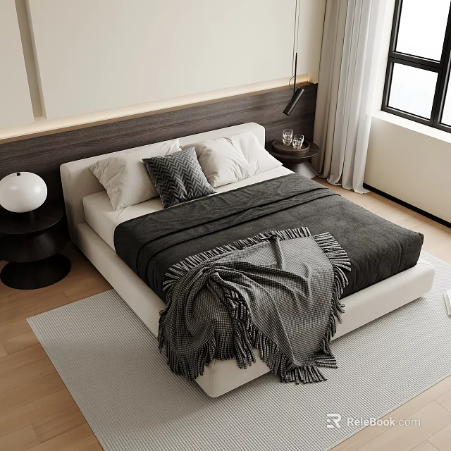 Modern Double Bed With Gray Blanket Wooden Headboard Nightstand And White Curtains 3d model 
