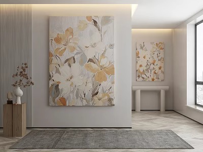 Modern Interior With Large Floral Painting Artwork Wooden Side Table Vase Gray Rug And Window 3d model
