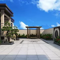 Chinese Style Detached Villa Exterior With Main Door Steps And Green Plants
