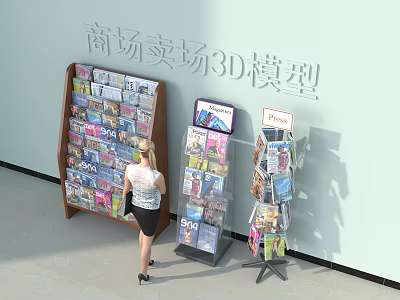 Retail Store Display Shelves In Shopping Mall With Magazines Flyers And Shoppers 3d model