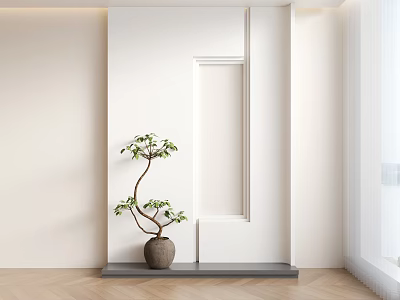 Minimalist Entryway Hallway Interior Design With White Walls Decorative Tree Gray Base And Herringbone Flooring 3d model