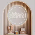 Arched Door Light Colored Wardrobe With Drawers Shelves Dolls And Hello Sunshine Light Up Sign