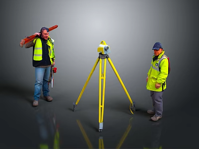 Construction Workers With High Visibility Vests Using Yellow Tripod Surveying Instrument 3d model