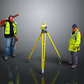 Construction Workers With High Visibility Vests Using Yellow Tripod Surveying Instrument