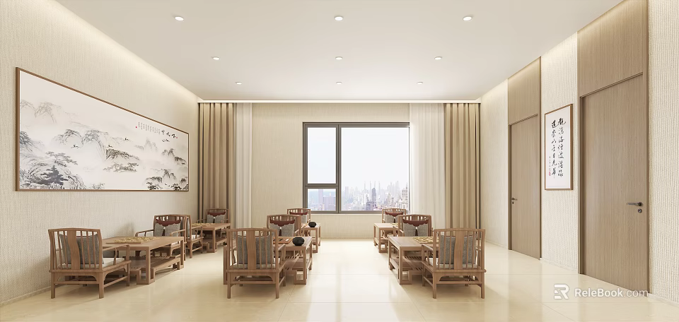 Hotel Mahjong Room With Wooden Furniture Chinese Landscape Paintings Large Window And Bright City View 3d model 