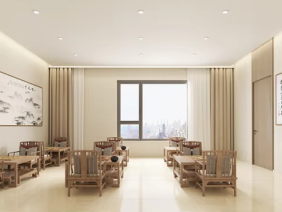 Hotel Mahjong Room With Wooden Furniture Chinese Landscape Paintings Large Window And Bright City View 3d model