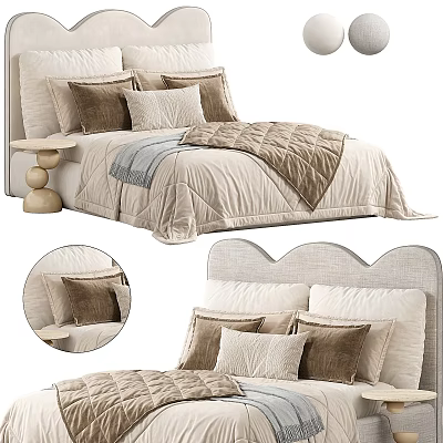 Cozy Kids Bed with Soft Upholstered Headboard Beige Brown Pillows and Small Nightstand 3d model