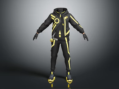 Black And Yellow Hooded Outfit With Striped Design Gloves And Shoes 3d model