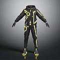 Black And Yellow Hooded Outfit With Striped Design Gloves And Shoes 3d model