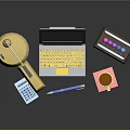 Modern Office Desk Setup With Gold Desk Lamp Silver Laptop Calculator And Blue Pen