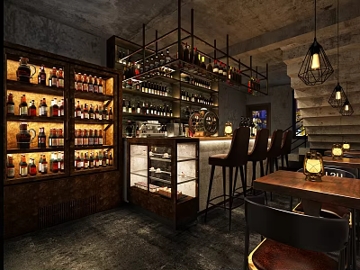 Modern Bar Interior With Wine Racks Bar Counter Pendant Lighting And Leather Bar Stools 3d model