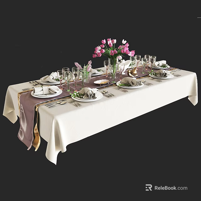 Complete Dinnerware Set With White Tablecloth Purple Ribbon Pink Flowers Glasses And Napkins 3d model 