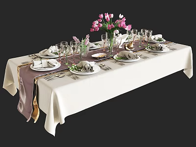 Complete Dinnerware Set With White Tablecloth Purple Ribbon Pink Flowers Glasses And Napkins 3d model