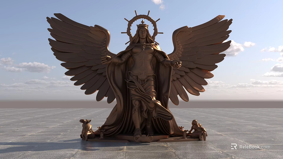 Bronze Angelic Landscape Sculpture With Large Wings Halo And Small Animals At Base 3d model 