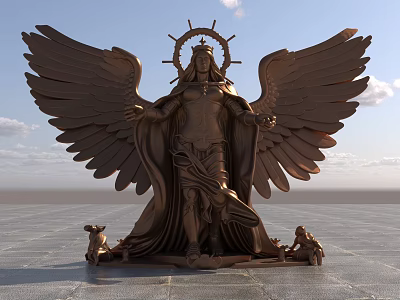 Bronze Angelic Landscape Sculpture With Large Wings Halo And Small Animals At Base 3d model