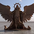 Bronze Angelic Landscape Sculpture With Large Wings Halo And Small Animals At Base