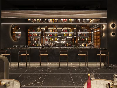 Modern Bar Interior With Liquor Shelves Bar Counter And Stools 3d model