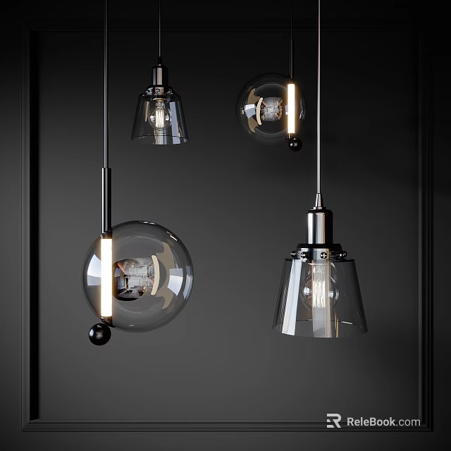 Modern Glass And Metal Pendant Lights With Different Shapes Illuminated In Dark Background 3d model 