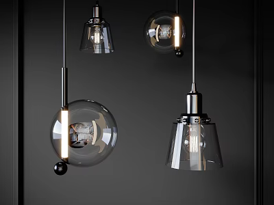 Modern Glass And Metal Pendant Lights With Different Shapes Illuminated In Dark Background 3d model