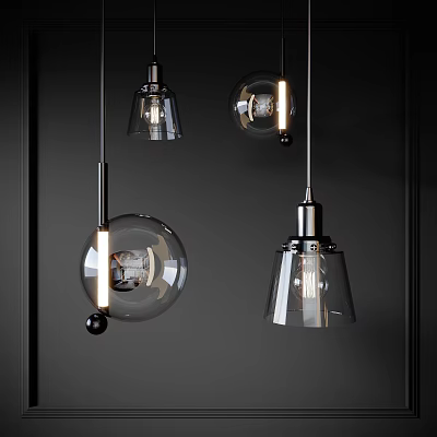 Modern Glass And Metal Pendant Lights With Different Shapes Illuminated In Dark Background 3d model