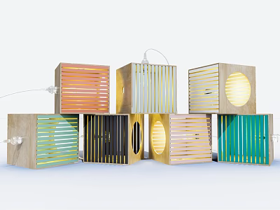 Colorful Square Shaped Decorative Lamps with Various Designs Striped Patterns and Circular Cutouts 3d model
