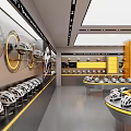 Modern Helmet Showroom With Curved Display Counters Yellow Pillars Wall Decorations And White Helmets