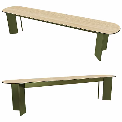 Modern Minimalist Wooden Bench Featuring Light Wood Seat And Green Metal Legs 3d model