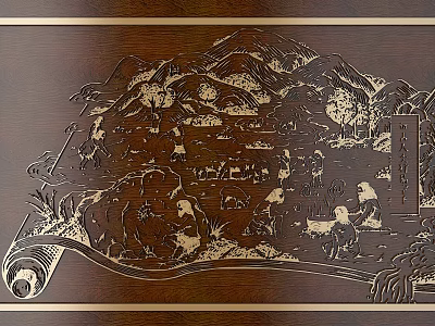 Intricate Wooden Carving Art With Landscape Animals And Scroll Design 3d model